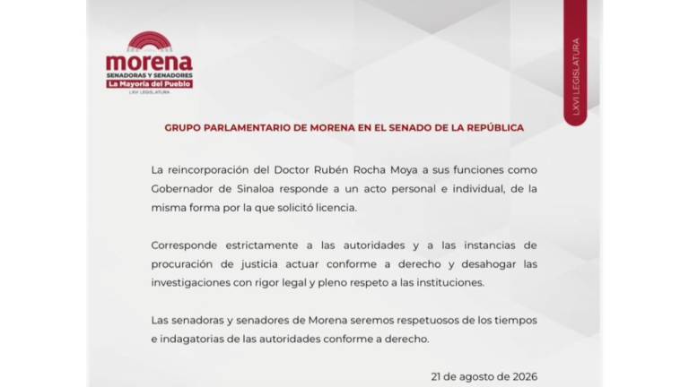 La bancada de Morena en el Senado señaló que la reincorporación de Rubén Rocha Moya al Gobierno de Sinaloa es una decisión personal.