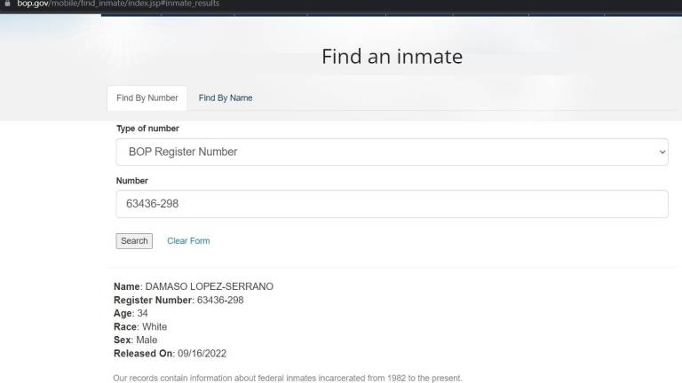En el sitio web del Buró de Prisiones de EU se precisa que Dámaso López Serrano fue liberado el viernes 16 de septiembre.