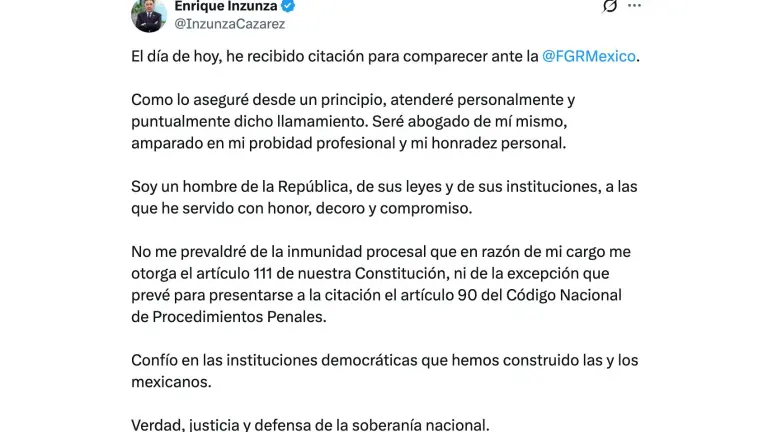 Enrique Inzunza Cázarez informó que comparecerá ante la FGR en el marco de las investigaciones abiertas tras los señalamientos formulados desde EU.