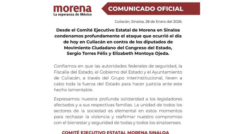 El Comité Ejecutivo Estatal de Morena expresó su solidaridad con los legisladores afectados y con sus familias, ante la agresión sufrida.