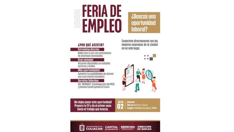 Gran Feria de Empleo reunirá a 30 empresas en Culiacán.