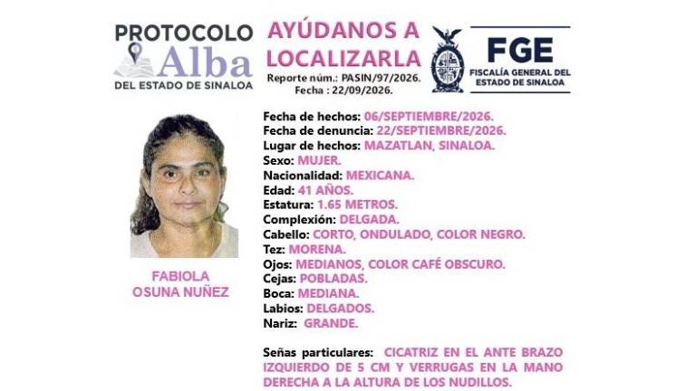 Fabiola tiene tres semanas desaparecida en el municipio de Mazatlán.