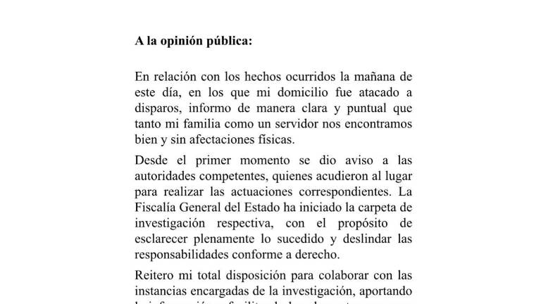 Salas Gastélum emitió un posicionamiento público en el que llamó a evitar especulaciones y permitir que las autoridades realicen las investigaciones correspondientes.