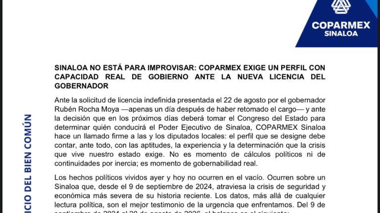 Coparmex Sinaloa llamó al Congreso local a priorizar la seguridad, la gobernabilidad y la recuperación económica al designar a quien ocupará temporalmente el Ejecutivo estatal.