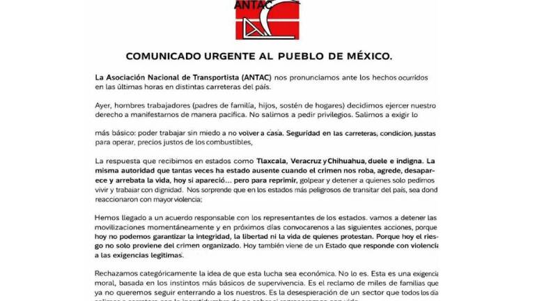 La Asociación Nacional de Transportistas anunció la suspensión momentánea de sus movilizaciones debido a la violencia estatal sufrida en diversas regiones.