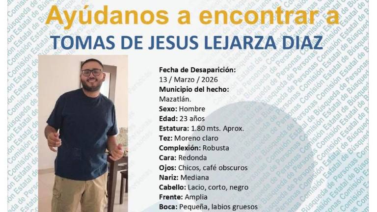 La Comisión Estatal de Búsqueda de Personas difundió la ficha de localización de Tomás de Jesús Lejarza Díaz, desaparecido en Mazatlán.