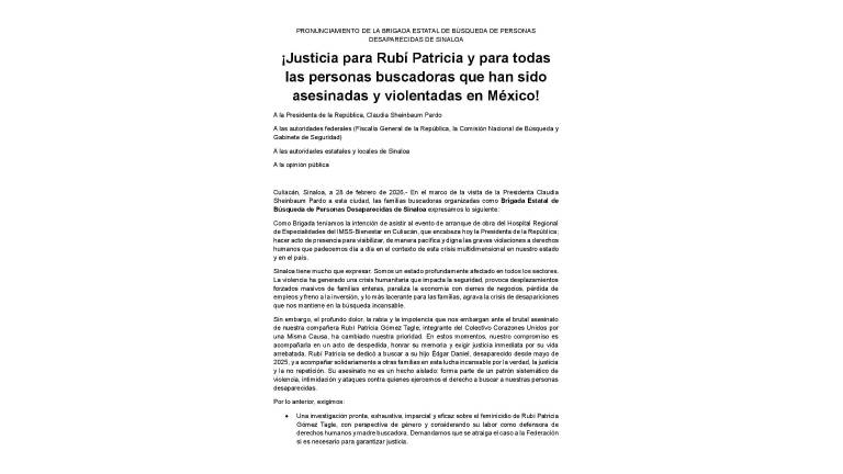 La Brigada Estatal de Búsqueda de Personas Desaparecidas de Sinaloa difundió un posicionamiento para exigir justicia y medidas de protección para personas buscadoras en Sinaloa.