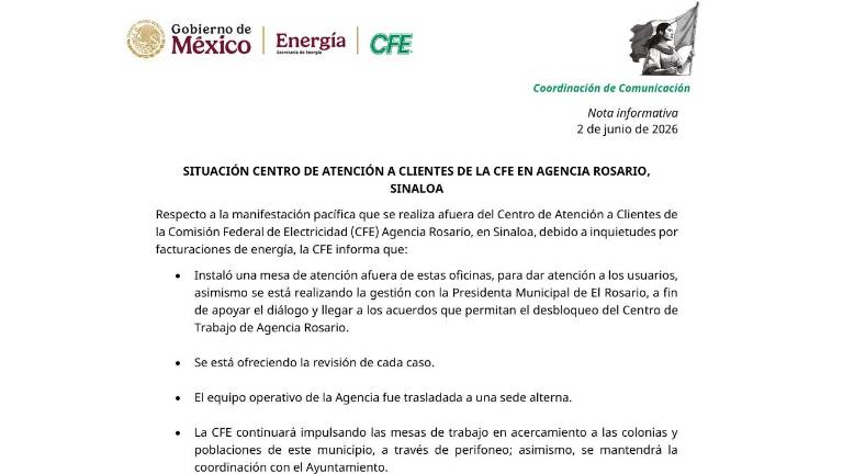 Anuncia CFE que atenderá a manifestantes en Rosario y traslada equipo operativo a sede alterna
