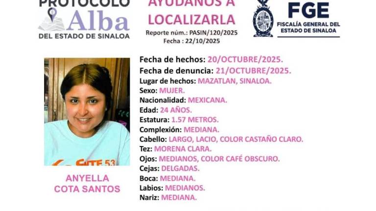Autoridades difundieron la ficha de búsqueda de Ayniella Cota Santos, desaparecida desde el 20 de octubre en Mazatlán.