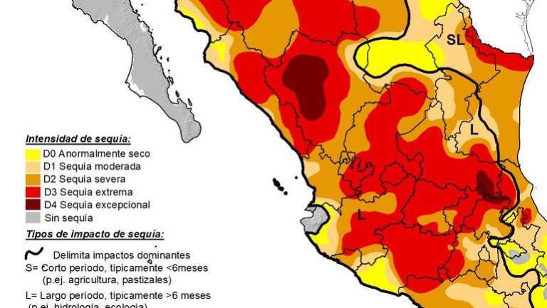 Regiones de Sinaloa que muestran los diferentes niveles de sequía qeu se tienen en Sinaloa.