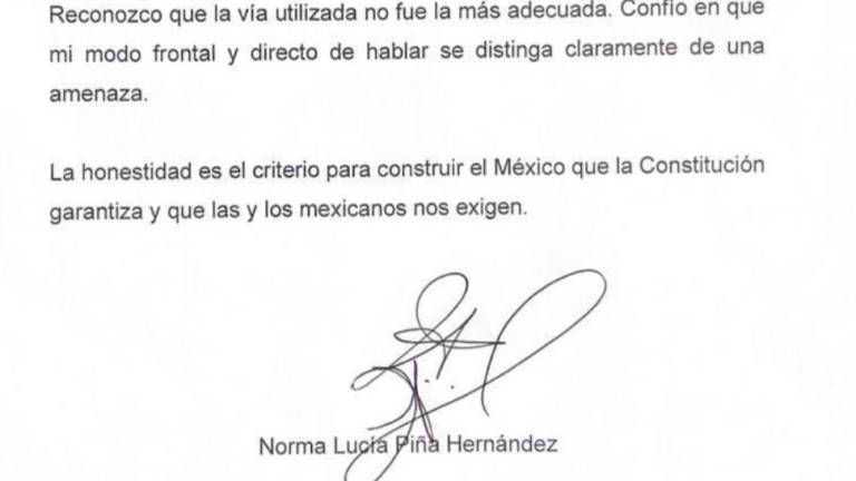 Carta en la que la Ministra Presidenta de la Corte admite que ella envió mensajes de Whatsapp al Senador Alejandro Armenta Mier.