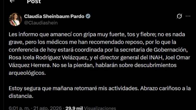 Mensaje de la Presidenta de México Claudia Sheinbaum Pardo sobre su condición de salud de este viernes.