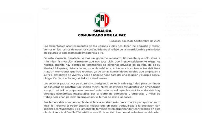 El PRI criticó cómo la violencia en el estado está “desatada” y el Gobierno de Sinaloa está rebasado.