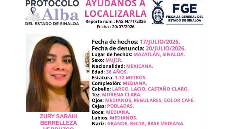 Autoridades solicitan el apoyo de la ciudadanía para localizar a Zury Sarahí Berrelleza Verduzco, reportada como desaparecida en Mazatlán.