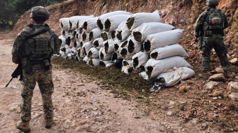 Elementos del Ejército resguardan la droga asegurada en un camino vecinal de la comunidad de Los Otates.