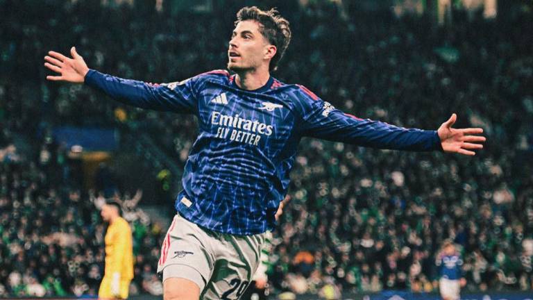 Kai Havertz celebra el gol que le da ventaja en el global al Arsenal en los cuartos de final de la Liga de Campeones.