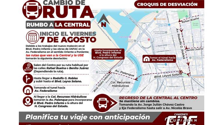 El transporte urbano aplica una desviación temporal por los trabajos en el bulevar Pedro Infante y la Avenida Federalismo.