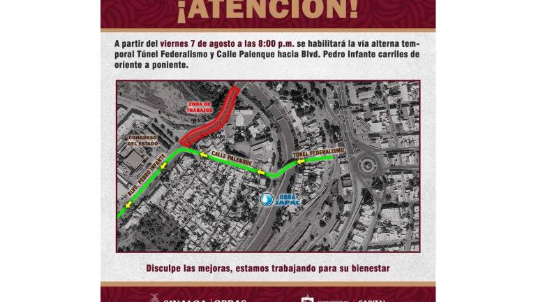 El bulevar Pedro Infante permanecerá cerrado desde el Puente Negro hasta el Congreso del Estado del 7 al 30 de agosto.
