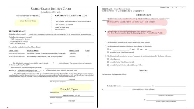 Firma de la sentencia a cadena perpetua contra Ismael “El Mayo” Zambada en Estados Unidos.