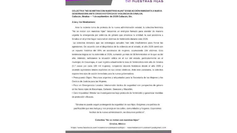Mensaje de la colectiva No Se Metan con Nuestras Hijas ante la violencia contra las mujeres en Sinaloa.