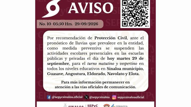 Aviso de la SEPyC sobre la suspensión de clases en otros municipios de Sinaloa a causa de las lluvias.