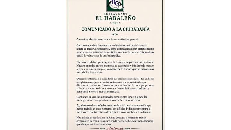 Mensaje de restaurante El Habaleño tras los hechos ocurridos el miércoles frente al establecimiento.