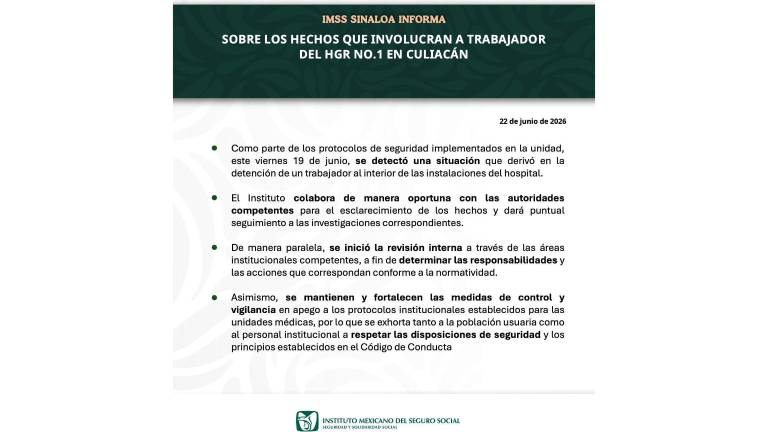 Comunicado del IMSS sobre la revisión interna que realiza en Sinaloa.