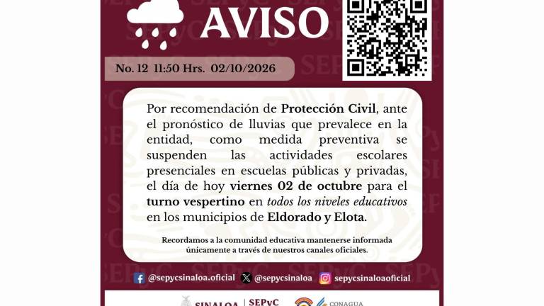 Aviso de la SEPyC sobre la suspensión de clases en Eldorado y Elota.