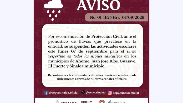 Aviso de la Secretaría de Educación Pública y Cultura sobre la suspensión de cases en el turno vespertino en cinco municipios de Sinaloa.