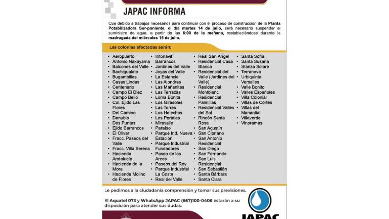 Colonias donde el próximo martes tendrán una suspensión del servicio de agua potable.