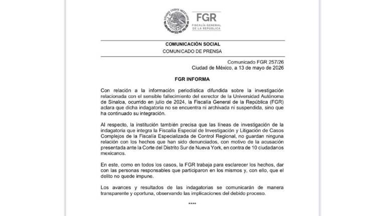 Comunicado de la FGR sobre la investigación en torno al asesinato de Héctor Melesio Cuén Ojeda.