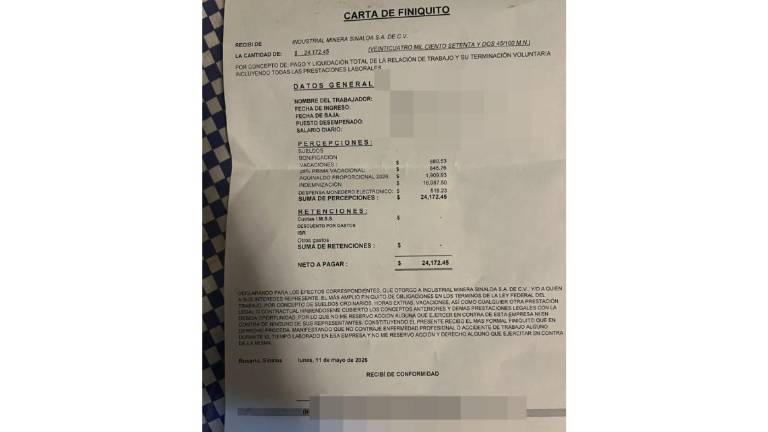Carta de finiquito de la minera Santa Fe, en Rosario, a trabajadores despedidos.