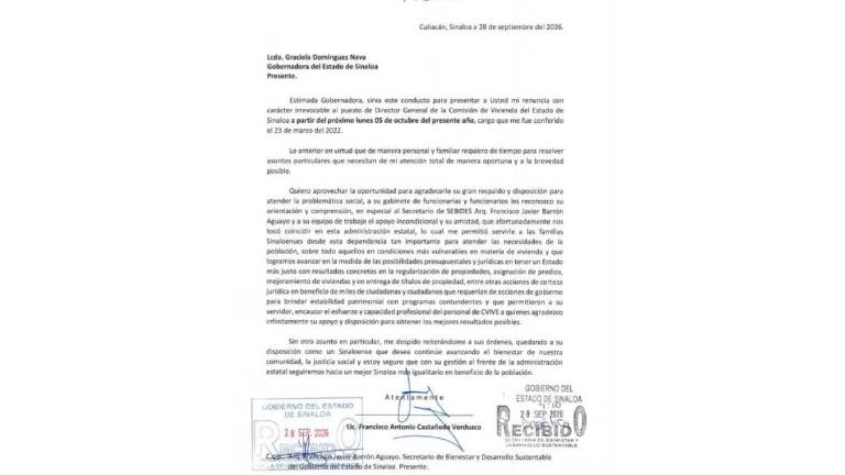 Carta de renuncia de Francisco Antonio Castañeda Verduzco a la dirección de CVIVE.
