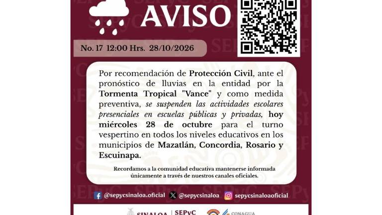 Aviso de la SEPyC de la suspensión de clases en el turno vespertino en el sur de Sinaloa.