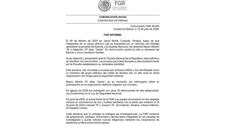 Comunicado de la FGR explicando sobre la situación de “El Jando”.