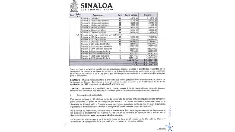 Contrato otorgado por el Gobierno de Sinaloa para la coordinación de eventos.