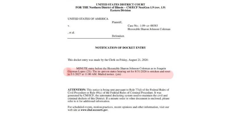 Documento de la Corte federal en Illinois que notifica el cambio de fecha de la audiencia de Joaquín Guzmán López.