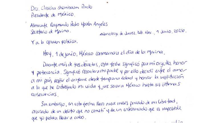Carta que el Vicealmirante Manuel Roberto Farías Laguna envía a la Presidenta de México Claudia Sheinbaum Pardo.