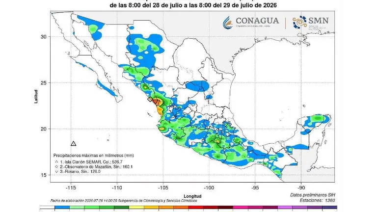 Lluvias registradas durante la madrugada del viernes en Mazatlán.