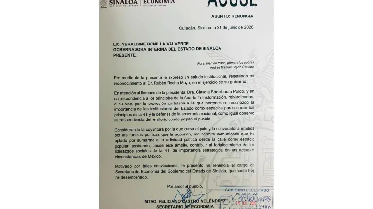 Mensaje de la renuncia del Secretario de Economía del Gobierno de Sinaloa, Feliciano Castro Meléndrez.