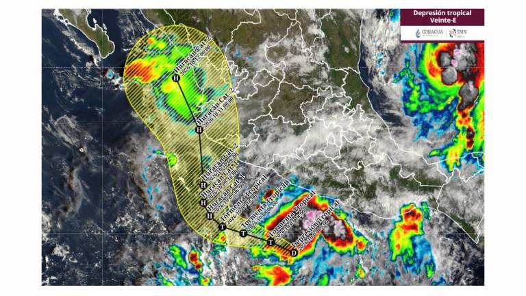 Trayectoria prevista para la Depresión Tropical 20-E, que evolucionará a Huracán Simon en las próximas horas.