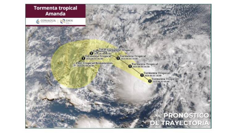 Trayectoria prevista de la tormenta tropical Amanda, la primera de la temporada en el Pacífico mexicano.