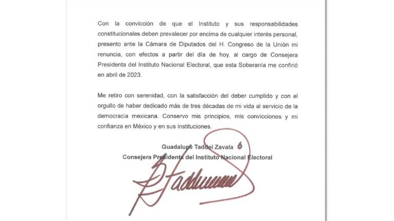 Parte de la carta donde Guadalupe Taddei Zavala notifica a la Cámara de Diputados su renuncia a la presidencia del INE.