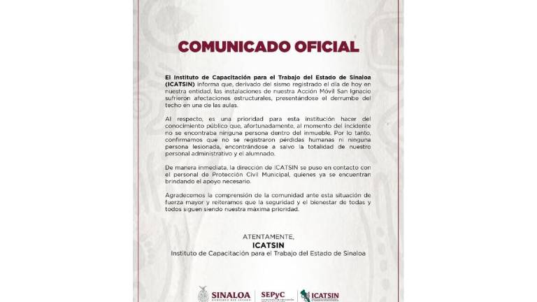 Comunicado de Icatsin sobre afectaciones por el sismo registrado este martes frente a las costas de Sinaloa.