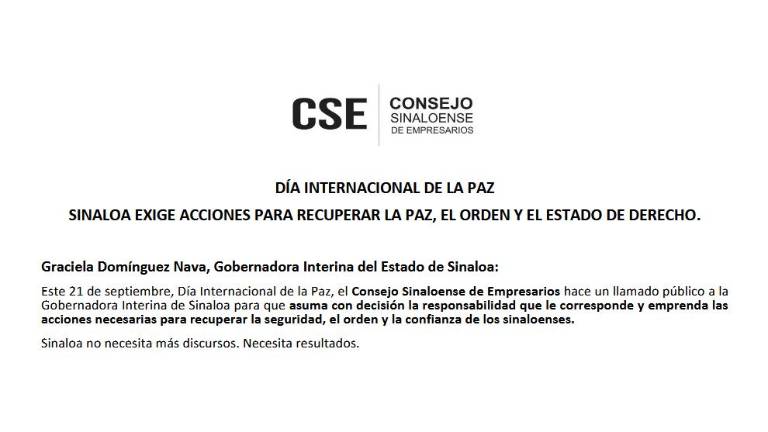 Posicionamiento del Consejo Sinaloense de Empresarios a propósito del Día Internacional de la Paz.