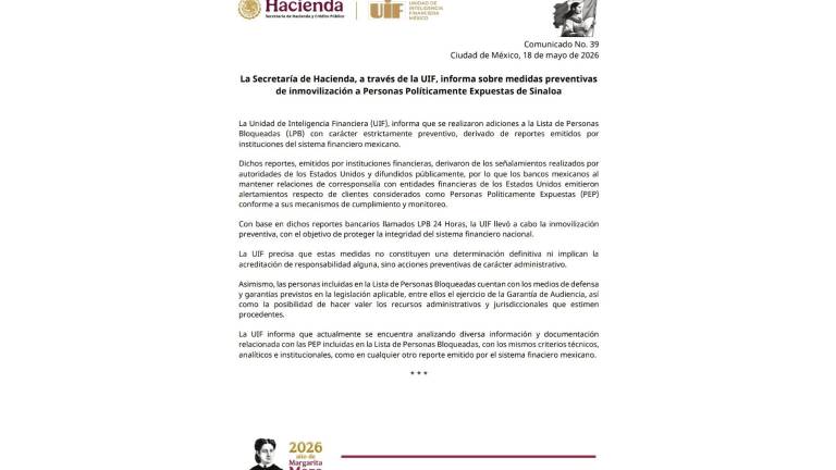 Comunicado de la Unidad de Inteligencia Financiera sobre el bloqueo de cuentas bancarias.