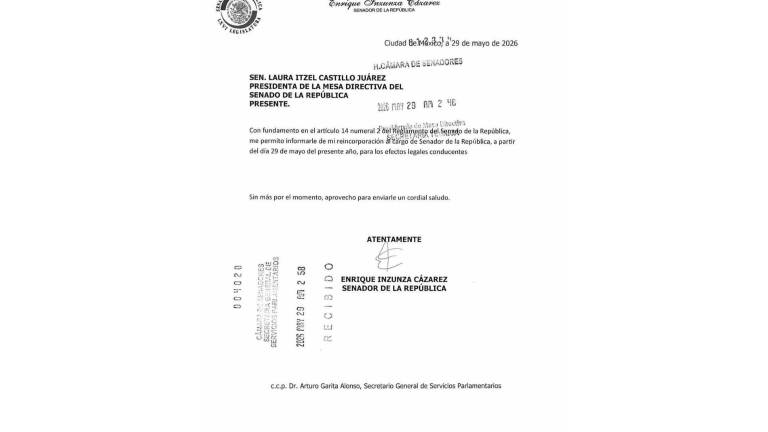 Oficio del Senador Enrique Inzunza Cázarez, de Sinaloa, para terminar con la licencia temporal para separarse del cargo.