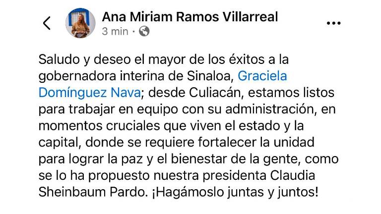 La Alcaldesa de Culiacán Ana Miriam Ramos Villarreal felicita a la Gobernadora de Sinaloa Graciela Domínguez Nava.