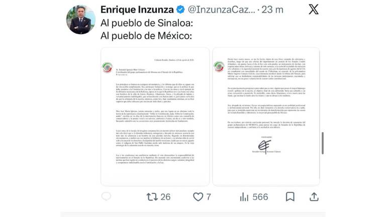 Mensaje de Enrique Inzunza Cázarez donde anuncia su separación del Grupo Parlamentario de Morena en el Senado de la República.