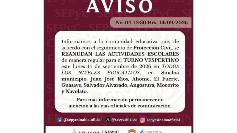 Aviso de la SEPyC sobre la reanudación de las clases en planteles de Sinaloa tras las lluvias matutinas.